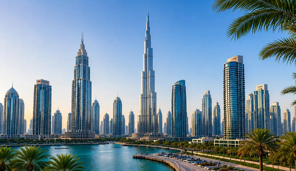 Downtown Dubai skyline with the Burj Khalifa beside the water